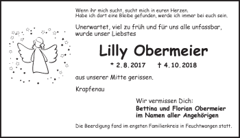 Traueranzeige von Lilly Obermeier von Dinkelsbühl/ Feuchtwangen