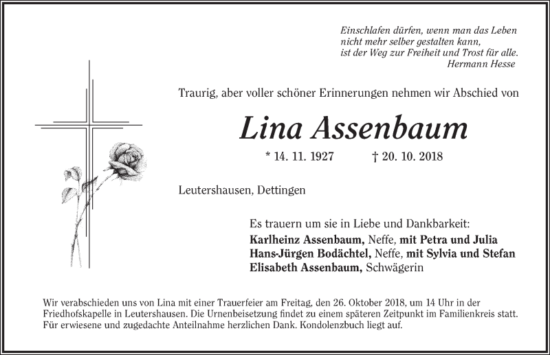  Traueranzeige für Lina Assenbaum vom 23.10.2018 aus Ansbach