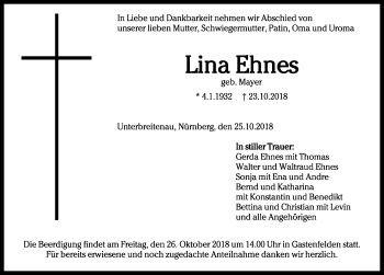 Traueranzeige von Lina Ehnes von Rothenburg