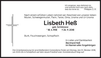 Traueranzeige von Lisbeth Heß von Dinkelsbuhl/ Feuchtwangen