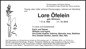 Traueranzeige von Lore Öfelein von Ansbach