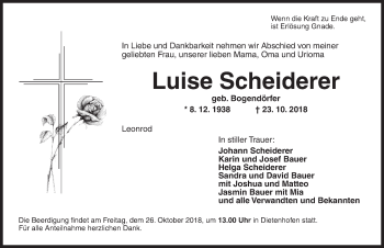 Traueranzeige von Luise Scheiderer von Ansbach