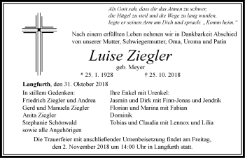 Traueranzeige von Luise Ziegler von Dinkelsbuhl/ Feuchtwangen