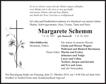 Traueranzeige von Margarete Schemm von Neustadt/ Scheinfeld/ Uffenheim