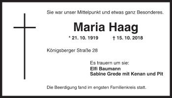 Traueranzeige von Maria Haag von Ansbach