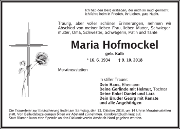 Traueranzeige von Maria Hofmockel von Ansbach