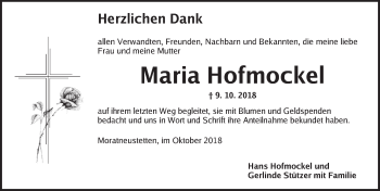 Traueranzeige von Maria Hofmockel von Ansbach