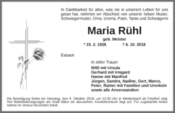 Traueranzeige von Maria Rühl von Ansbach