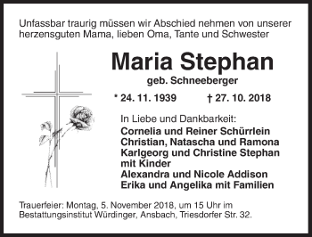 Traueranzeige von Maria Stephan von Ansbach