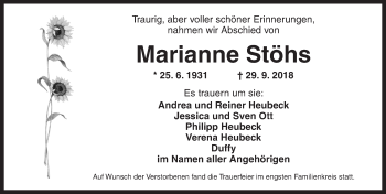 Traueranzeige von Marianne Stöhs von Ansbach