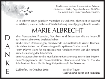 Traueranzeige von Marie Albrecht von Neustadt/ Scheinfeld/ Uffenheim