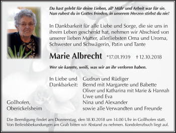 Traueranzeige von Marie Albrecht von Neustadt/ Scheinfeld/ Uffenheim