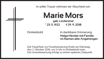 Traueranzeige von Marie Mors von Dinkelsbühl/ Feuchtwangen