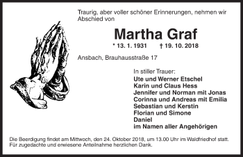 Traueranzeige von Martha Graf von Ansbach