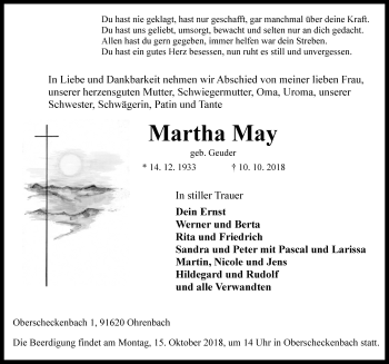 Traueranzeige von Martha May von Rothenburg