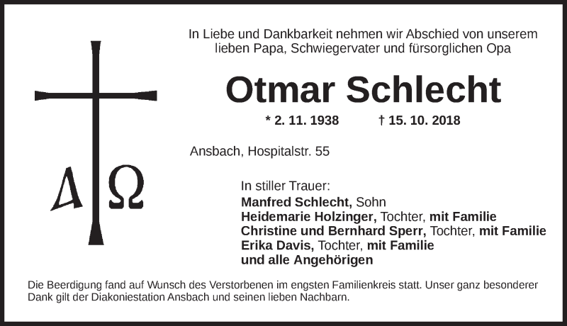  Traueranzeige für Otmar Schlecht vom 25.10.2018 aus Ansbach