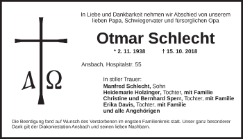 Traueranzeige von Otmar Schlecht von Ansbach