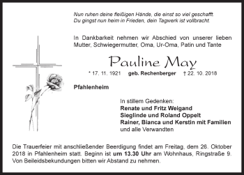 Traueranzeige von Pauline May von Neustadt/ Scheinfeld/ Uffenheim