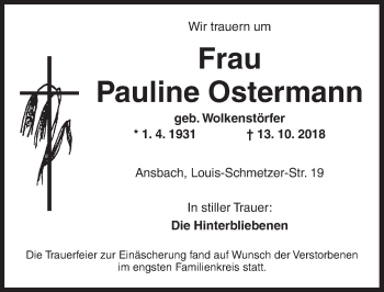 Traueranzeige von Pauline Ostermann von Ansbach