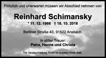 Traueranzeige von Reinhard Schimansky von Ansbach