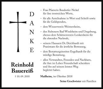 Traueranzeige von Reinhold Bauereiß von Neustadt/ Scheinfeld/ Uffenheim