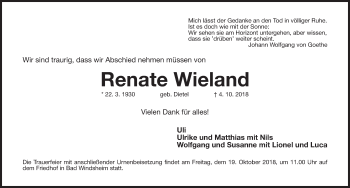 Traueranzeige von Renate Wieland von Neustadt/ Scheinfeld/ Uffenheim