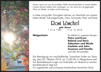 Traueranzeige von Rosi Löschel von Neustadt/ Scheinfeld/ Uffenheim