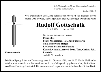 Traueranzeige von Rudolf Gottschalk von Neustadt/ Scheinfeld/ Uffenheim