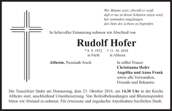 Traueranzeige von Rudolf Hofer von Neustadt/ Scheinfeld/ Uffenheim