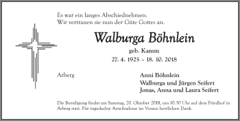 Traueranzeige von Walburga Böhnlein von Dinkelsbuhl/ Feuchtwangen