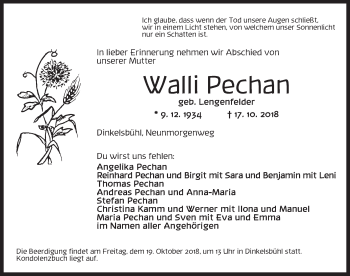 Traueranzeige von Walli Pechan von Dinkelsbuhl/ Feuchtwangen