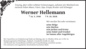 Traueranzeige von Werner Hellemann von Ansbach
