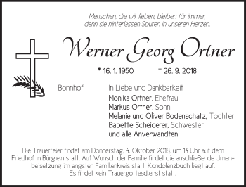 Traueranzeige von Werner Georg Ortner von Ansbach