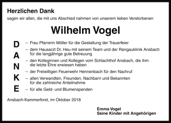 Traueranzeige von Wilhelm Vogel von Rothenburg