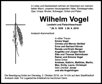 Traueranzeige von Wilhelm Vogel von Dinkelsbühl/ Feuchtwangen