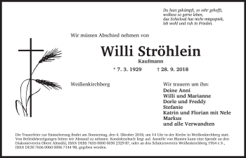 Traueranzeige von Willi Ströhlein von Ansbach