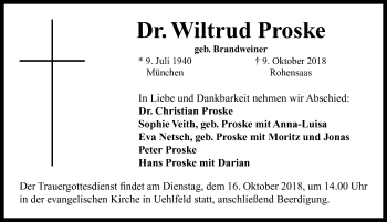 Traueranzeige von Wiltrud Proske von Neustadt/ Scheinfeld/ Uffenheim