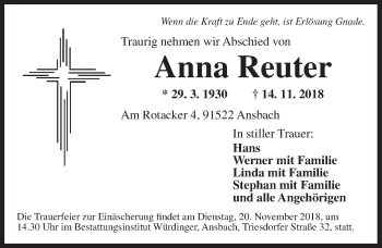 Traueranzeige von Anna Reuter von Ansbach