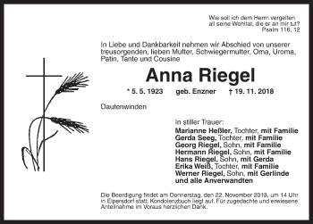 Traueranzeige von Anna Riegel von Ansbach