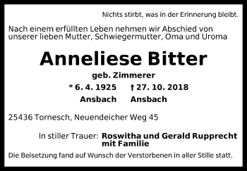 Traueranzeige von Anneliese Bitter von Ansbach