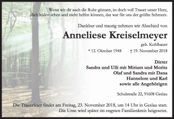 Traueranzeige von Anneliese Kreiselmeyer von Rothenburg