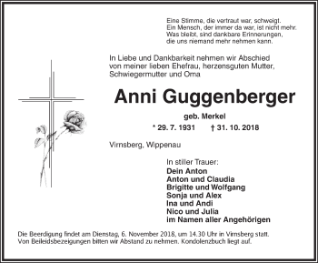 Traueranzeige von Anni Guggenberger von Ansbach