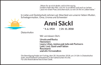 Traueranzeige von Anni Säckl von Ansbach