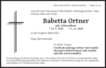 Traueranzeige von Babetta Ortner von Ansbach