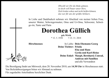 Traueranzeige von Dorothea Güllich von Neustadt/ Scheinfeld/ Uffenheim