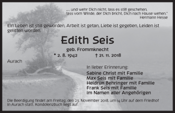 Traueranzeige von Edith Seis von Dinkelsbuhl/ Feuchtwangen