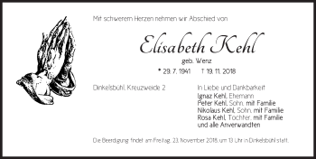 Traueranzeige von Elisabeth Kehl von Dinkelsbuhl/ Feuchtwangen