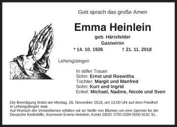 Traueranzeige von Emma Heinlein von Dinkelsbühl/ Feuchtwangen