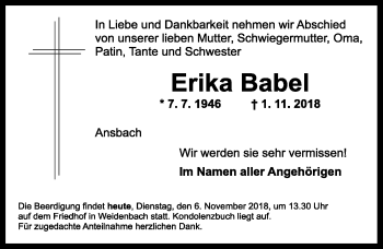 Traueranzeige von Erika Babel von Ansbach