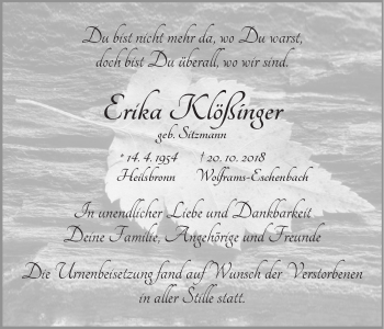 Traueranzeige von Erika Klößinger von Ansbach